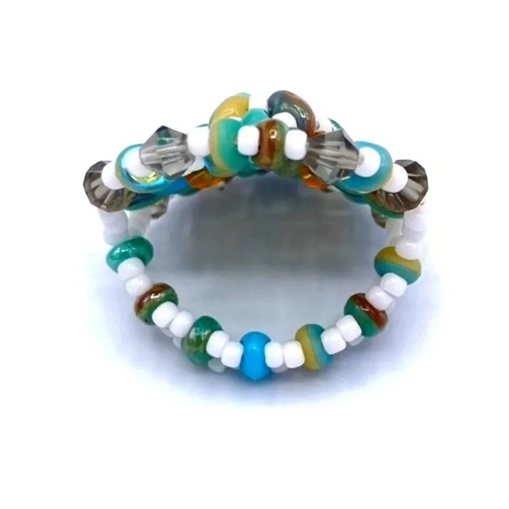 Multi Blue and Cream with White and Gray Crystal Beaded Statement Ring Size 7.5